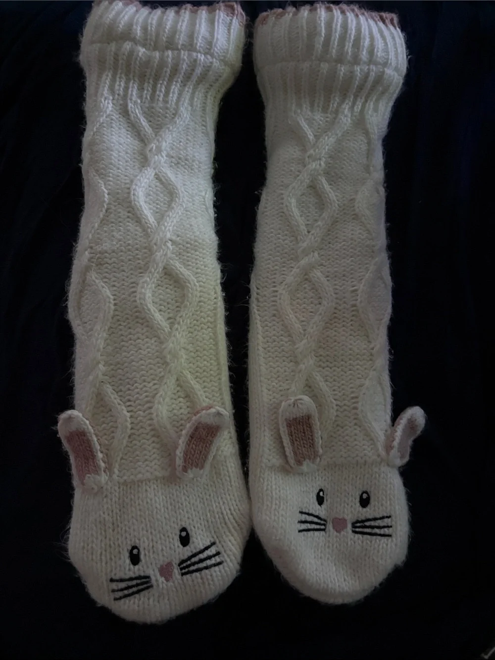 Cream Knit Cat Face Pet Socks with Bunny Ears